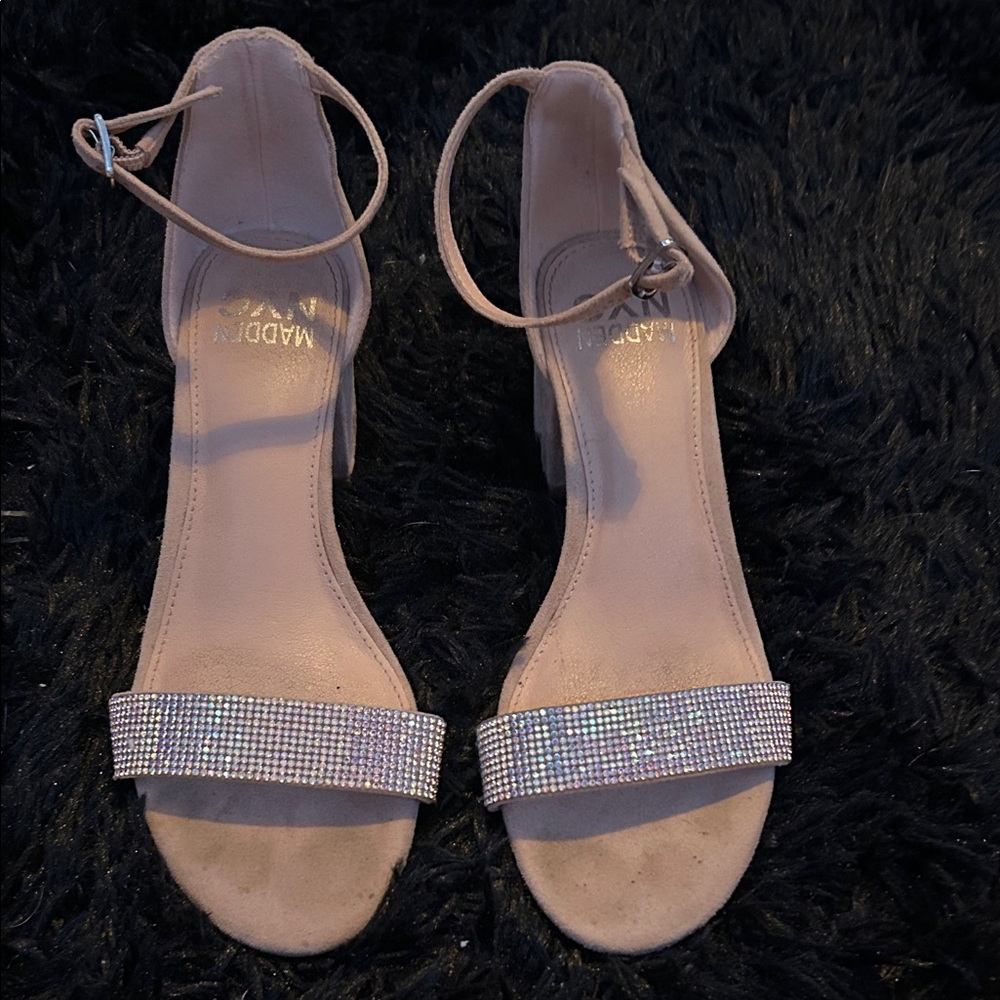 Madden Girl Sparkling Beige Ankle Strap Heels
